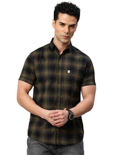 Image of Majestic Man Men Comfort Slim Fit Checked Pure Cotton Half Sleeve Casual Shirt
