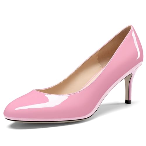 NobleOnly Femmes Fermé Rond Bout Mi Kitten Talon Heel Slip-on Bureau Escarpins Dress Décontracté Classique Chaussures 6.5 CM Heels Rose A 36 EU