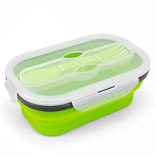 ECOmorning Green Silicone Lunch Container Bento Lunch Box Collapsible Food Storage Container with Airtight Lid and Fork, Ideal For Lunch, Camping, 800ML