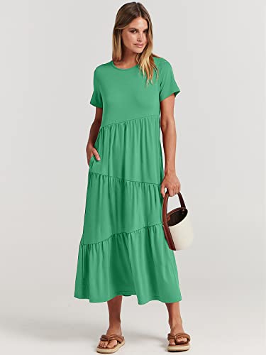 Image of ANRABESS Women Summer Maxi Dress Short Sleeve Swing Casual Asymmetric Tiered Vacation Long Beach Sundress Outfits Grass Green Medium