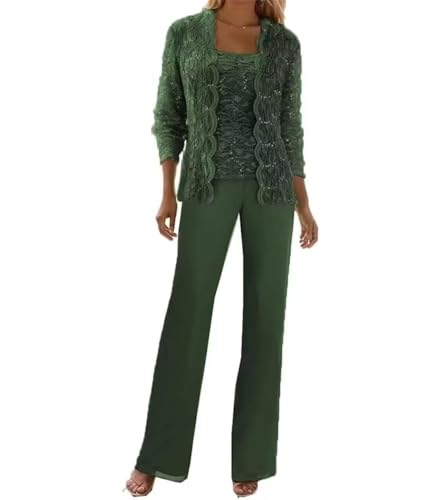 Image of 3 Pieces Chiffon Lace Mother of The Bride Pant Suits with Jackets Sequins Wedding Guest Dresses for Women