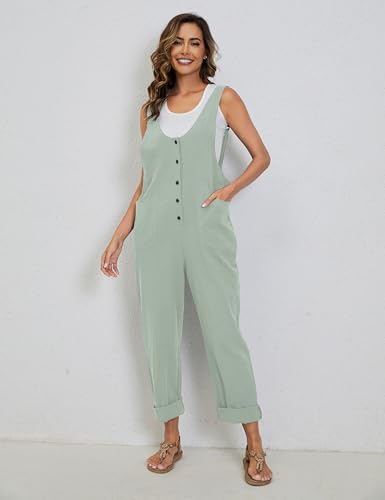 Image of Yeokou Womens Overalls Linen Cotton Jumpsuits Loose Casual Jumpers with Pockets