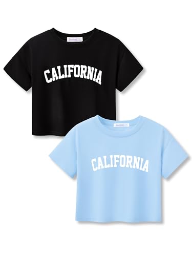Image of Stylish Graffiti /Butterfly Graphic Crop Top for Girls -Cool Summer T-Shirt Soft Colorful 2-Pack Tees Size 6-18
