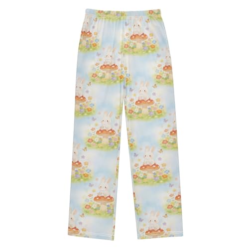 Yuiboo Elastic Waist Sleepwear Trouser Rabbit Mushroom Pajama Pants Long Indoor Outdoor With 2 Pockets 9-10Y