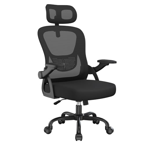 rattantree Silla de Oficina Ergonómica, Silla Escritorio con Reposabrazos Abatibles, Reposacabezas Y Respaldo, Silla ergonomica Pequeña con Basculante De hasta 115°, Malla Silla de Oficina, Negro
