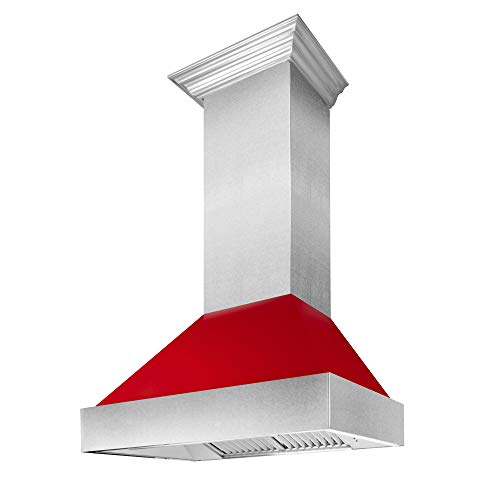 ZLINE 48 in. Ducted Satin Stainless Steel Wall Mount Range Hood with Red Gloss Shell (8654RG-48)