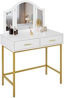 WOLTU Dressing Table with A Three-Way Mirror, Vanity Table with 2 Drawers, Make-up Table with Metal Legs, 80x40x125 cm, White+Gold, MB6092ws