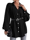 SheIn Damen Bluse Elegant Oberteil Lange Hemdbluse OL Langarm Laternärmel Tunika Locker Hemdshirt Blusen ohne Gürtel Schwarz L