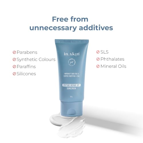Image of in.skin Peptide Repair SPF 50 PA++++ Sunscreen | Broad Spectrum UV Protection with Matrixyl 3000 & Copper Peptide | Lightweight, Non-Greasy |For Oily, Acne-Prone & Sensitive Skin (50 gm)