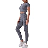 SupLucktar Trainingssets für Damen, 2-teiliges Outfit, sexy gerippt, nahtlos, kurzärmelig, bauchfreies Top mit hoher Taille, Grau (kurze Ärmel + Hose), Large