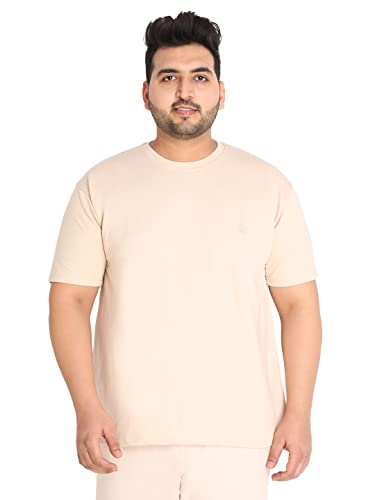 CHKOKKO Men's Plus Size Terry Cotton Loose Fit Half Sleeves T-Shirt Pastel Beige 3XL