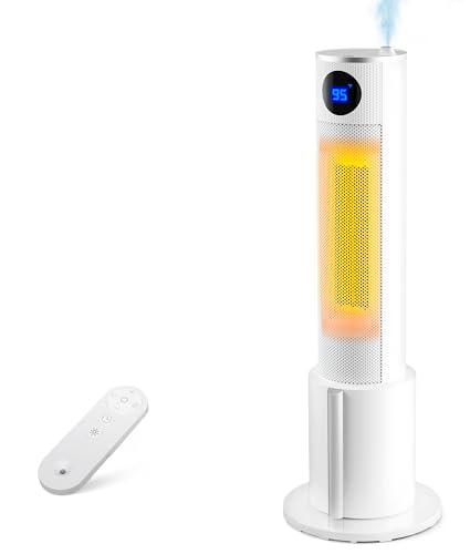 Rellytech Space Heater with Humidifier - 2-in-1 Tower Heater with 1L Water Tank for Indoor Use with 90°Oscillation, Space Heater for Office, Bedroom 3 Heating Modes, 12H Timer, Remote