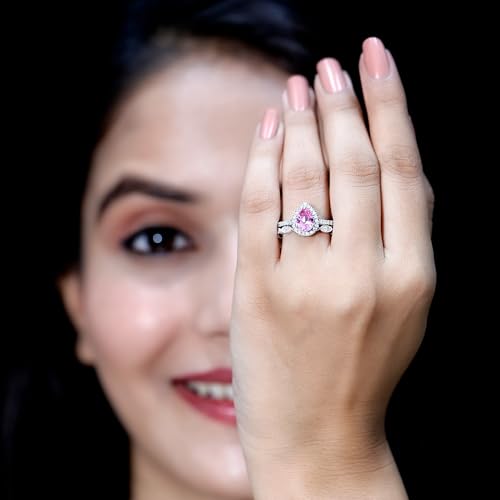Lab Grown Pink Sapphire Diamond Wedding Ring Set, AAAA Quality, Certified Sapphire Diamond Teardrop Ring - With Jewelry Box4