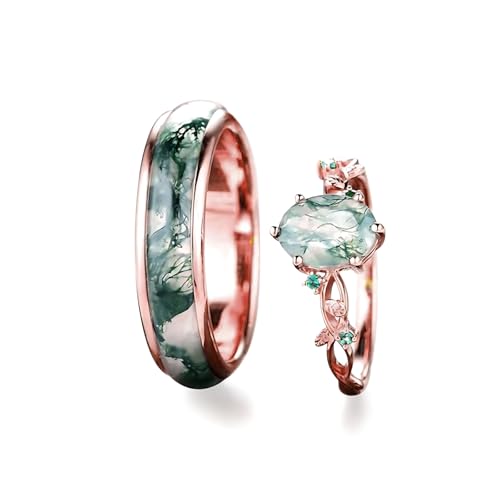 Natural Moss Agate Wedding Rings for Couple, S925 10K 14K 18K Gold Couple Rings Customized Promise Bands Sets for Him and Her for Anniversary Engagement Wedding-044