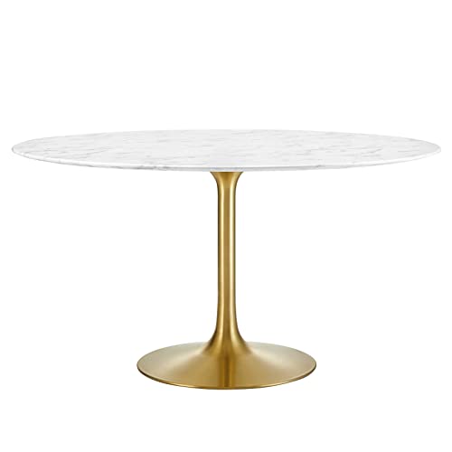 Image of Modway Lippa 54 inch Mid-Century Dining Table with Round Artificial Marble Top in Gold White