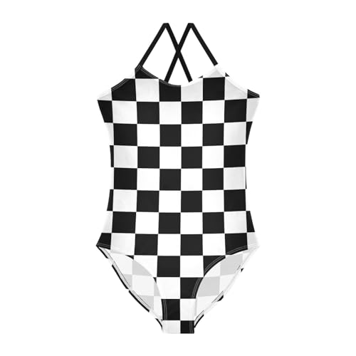 Black White Chessboard Girls One Piece Swimsuits Sport Halter Swimwear Beach Bathing Suit 4T