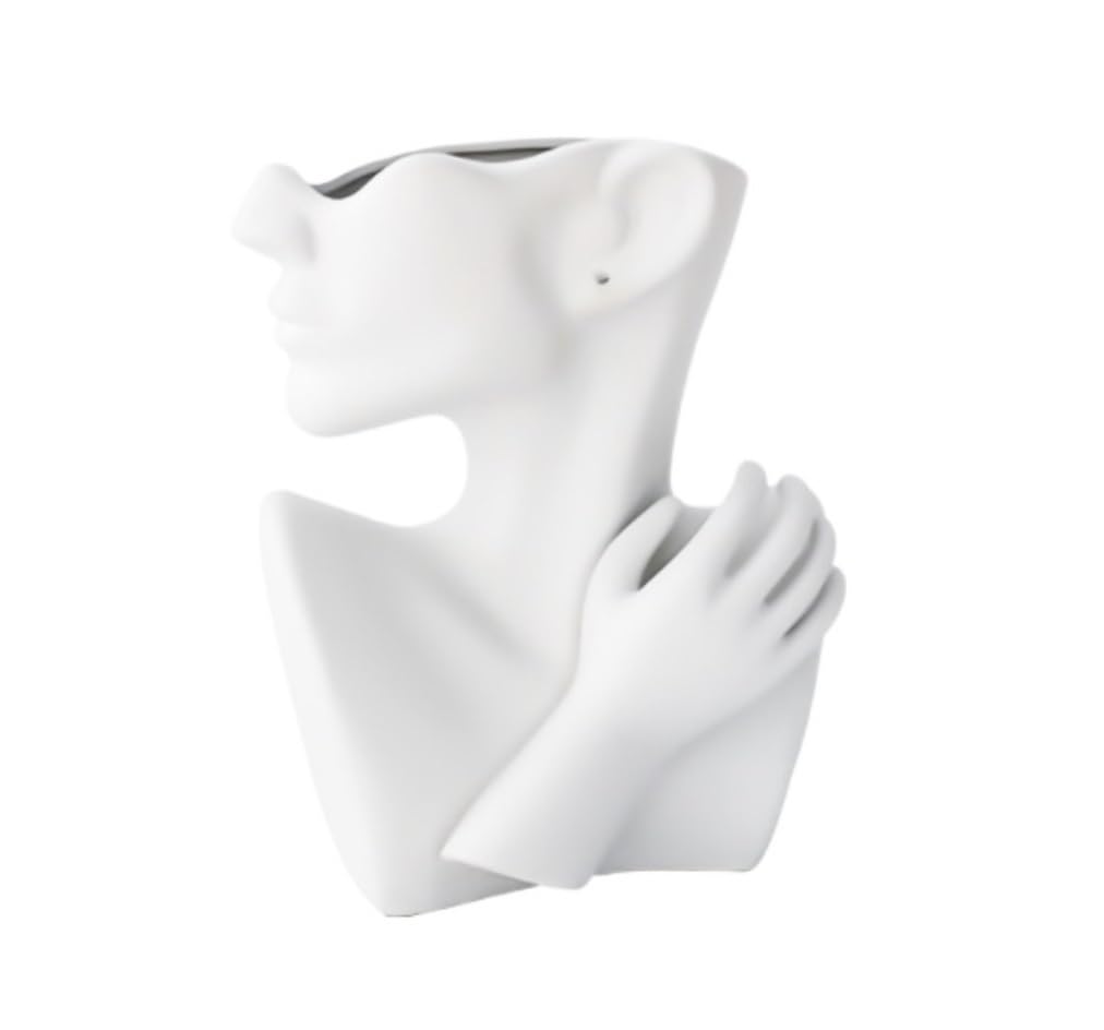 Vase, Vase Flowers Ceramics Head Face Flower And Decorative Faux Book Stack Abstract Sculpture Modern Centerpieces For Vases(White)