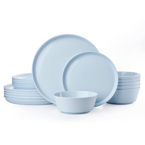 Image of KINGSTONE 18-Piece Bone China Dinnerware Sets, Sky Blue | Lightweight Plates & Bowls Set | Straight Rim Bowl Dinner Set | Scratch Resistant | Microwave & Dishwasher Safe | Serves 6