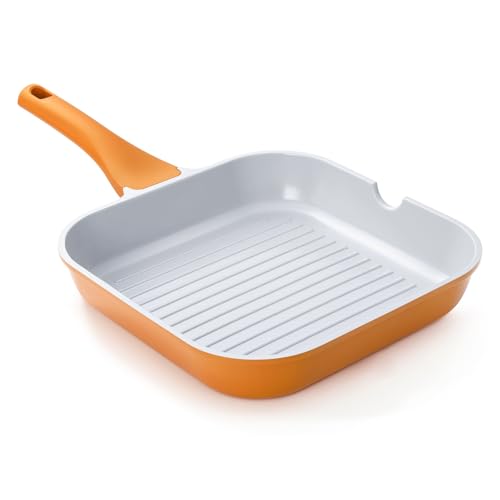 KOCH SYSTEME CS 9.5 Inch Nonstick Grill Pan for Stove Tops, Square Griddle Pan with Pour Spouts, Grill Pan for Indoor Cooking, Grill Skillet with Bakelite Handle, PTFE & PFOA Free, Orange