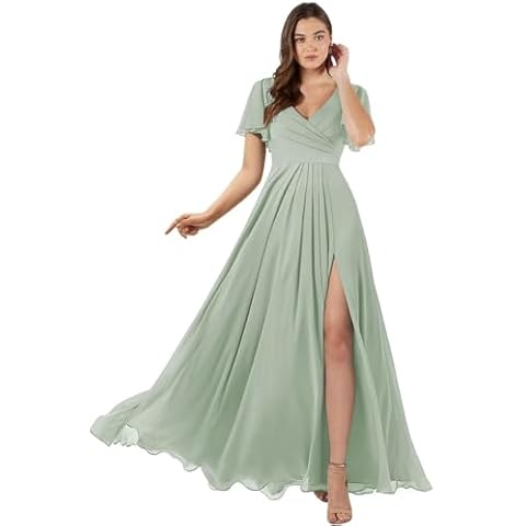 SEIM Simple Chiffon Long Bridesmaid Dresses with Pockets Flutter Sleeve V-Neck A Line Sage Green Formal Dresses for Women Evening Party with Slit Size 12 Cover