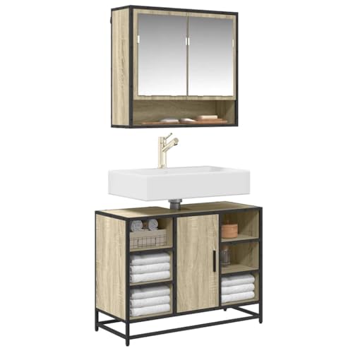 SooIarix Armario para lavabo de baño de roble Sonoma, 80 x 33 x 60 cm, material de madera con marco de metal, robusto armario para baños elegantes