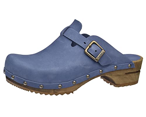 Sanita Kristel offener Clog | Original handgemacht | Leder-Holzclogs für Damen | Nachhaltige Sohle | Taube blau | 40 EU