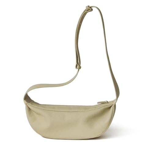 DONNAIN Genuine Leather Sling Bags Crossbody Women, Minimalist Style Casual Chest Bags with Wide Strap (Beige)