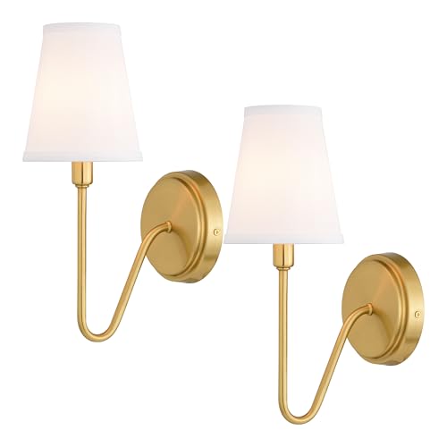 VAXCEL 2-Pack Briar Brass Wall Sconce with White Linen Shade