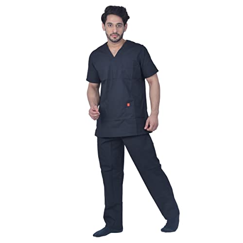 Image of UNISEX V-NECK POLYESTER COTTON MEDICAL SCRUB SUIT FOR DOCTORS (TOP AND BOTTOM) TRIPLE NEEDLE STITCH TOP WITH CHEST POCKET, BLACK, 46-3XL.