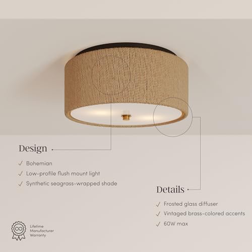 Nathan James Juluca Boho Light Fixture, Flush Mount Ceiling Light with Frosted Glass Diffuser, Rustic Boho Ceiling Light with Seagrass Shade by Nathan James - Used condition - Image 3
