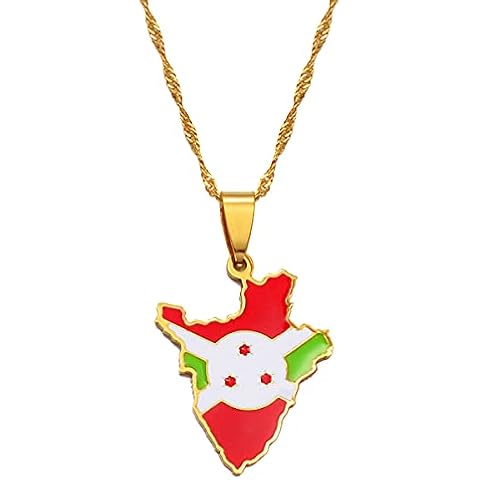 Burundi Map Flag Pendant Necklaces Stainless Steel Necklace Burundian Necklaces, 45cm Thin Chain, Copper, Agate Cover