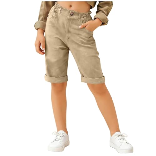 Kids Knee Length Lightweight Linen Shorts Loose Elastic Waist Casual Summer Bermuda Shorts with Pockets for 5-16 Years