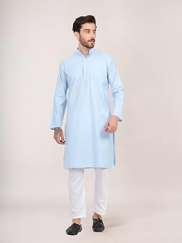 Image of HUZUR Men's Cotton Full Sleeve Long Knee Length Kurta Pajama Comfortable Wear for Festival and Occasion like Holi,Diwali,Eid,Haldi,Mehendi and Wedding