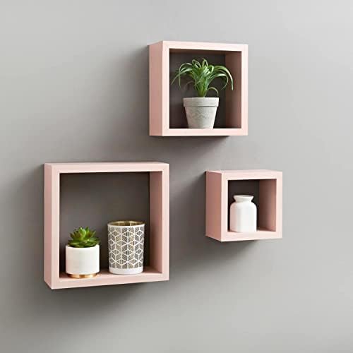 PaMeer Set Of 3 Contemporary Floating Cube Shelves, Bedroom Shelfs For Walls, Decorative Wall Mounted Bookcase Perfect Wall Box Shelf For Books & Decorative Ornaments_ Blush