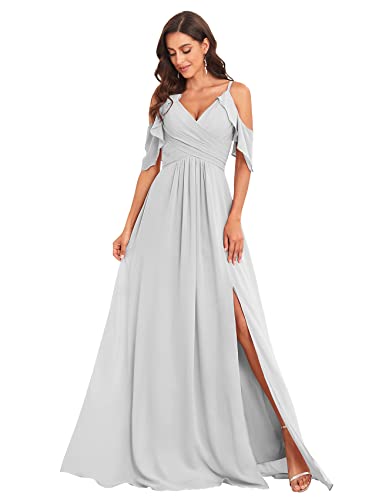 Cold Shoulder Bridesmaid Dress Long for Women with Slit Spaghetti Straps Chiffon Formal Party Dresses