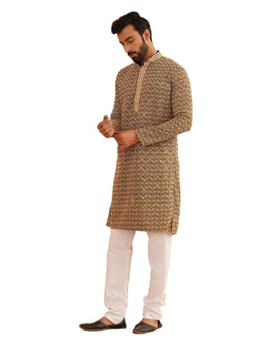 Image of SOJANYA (Since 1958 Men's Cotton Gold Embroidered Sequinned Kurta With white churidar Pyjama