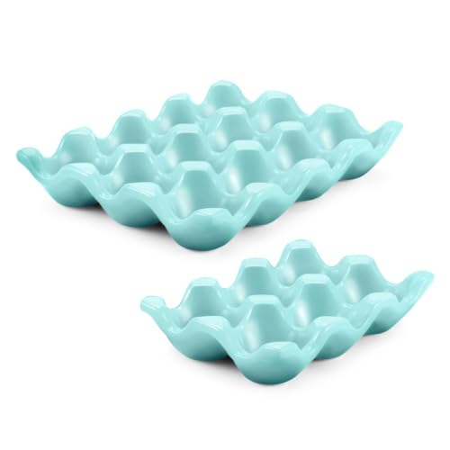 Flexzion 12 + 6 Cups Ceramic Egg Holder for Fridge - 18 Porcelain Egg Tray Container Keeper Storage Organizer Decorative Serving Stand Serveware for Refrigerator Countertop Display Kitchen (Blue)