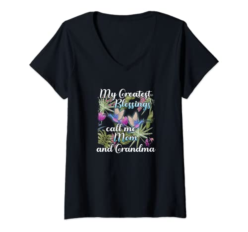 Mujer My Greatest Blessing Calls Me Mom And Grandma Hummingbird Camiseta Cuello V