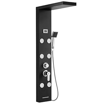 Foto di Auralum Colonna Doccia Idromassaggio 4 Funzioni con Soffione Doccia e Doccetta, Pannello Doccia Idromassaggio Nero con Display LCD, Pannello Doccia con Miscelatore in 304 Acciaio Inox per Bagno