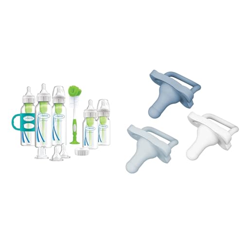 Image of Dr. Brown's Natural Flow® Anti-Colic Options+™ Narrow Bottle to Sippy Gift Set & HappyPaci 100% Silicone Pacifier 0-6m, BPA Free, White, Blue, Light Blue, 3 Pack
