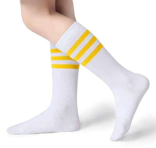 Pareberry Boys Girls Over the Calf Striped Tube Socks Cotton Soft Retro Athletics Socks for Kids Age 4-9 (US Age 6 Years 9 Years A08-Yellow/White)