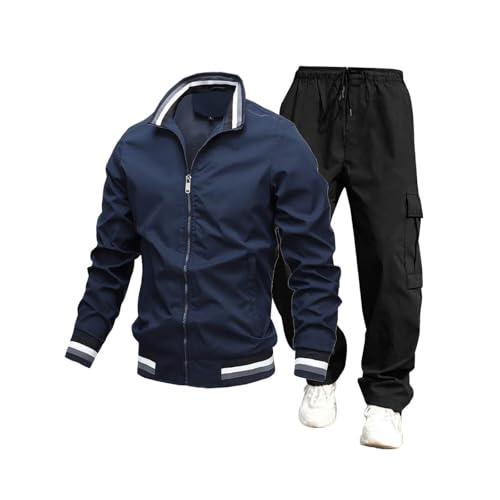 Men's 2-Piece Cargo Suit Set Lapel Active Coat Casual Jacket Work Pants Drawstring Trousers Fashion Outwear Set2