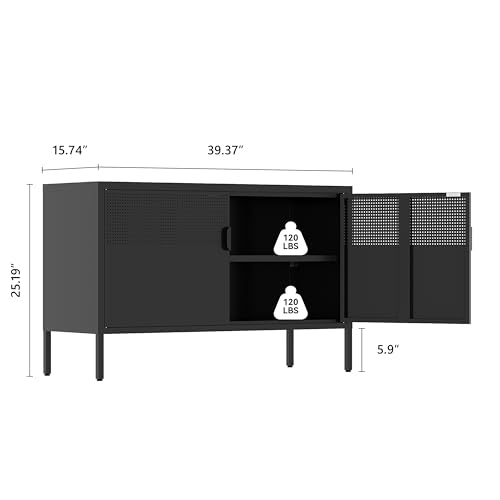 Image of Metal Storage Cabinet,2 Door TV Stand, Metal Mesh Accent Cabinet