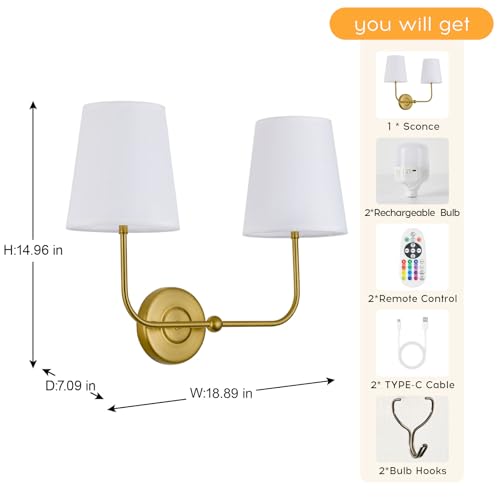 Image of PASSICA DECOR Vintage Gold 2-Light Battery Operated Double Wall Sconce with Dual Head Dimmable Wireless Sconces with Remote Control Indoor Wall Lamps for Bedroom Living Room Hallway