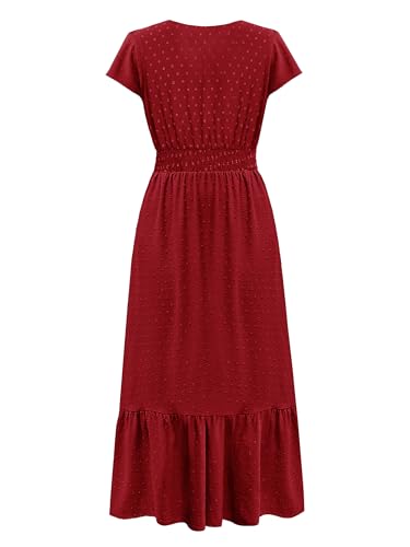 Image of CzzzyL Women Nursing Boho Maxi Dresses Cap Short Sleeve V Neck Swiss Dot High Waisted A-Line Ruffle Tiered with Pockets
