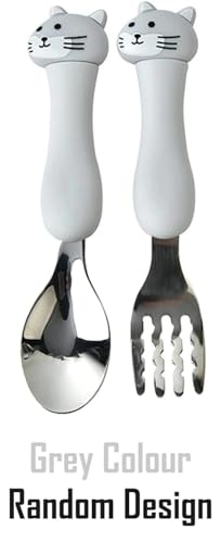 Image of Bekner Kids Cutlery Set, Stainless Steel Spoon and Fork with Animal Design Handles, 14.7 cm, Multicolor, Pack of 2 (Grey)
