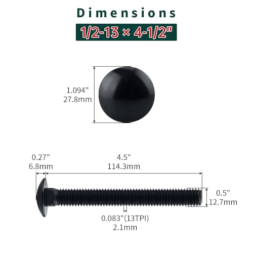 Image of 1 /2-13 x 4-1 /2 inch Black Carriage Bolts with Nuts and Washers Kits (6 Sets), 304 Stainless Steel 18 /8, Black Finish, Round Head, Square Neck, Heavy Duty Bolts, Indoor Outdoor Fastening Bolts, Fayeploo