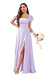 Women's Square Neck Lilac Bridesmaid Dresses for Wedding Flutter Sleeve A Line Long Chiffon Formal Evening Dress with Slit Size 12