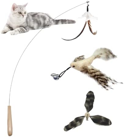 Wooden Handle Funny Cat Stick Set Feather Toy Refill Feather Toys for Indoor Cats Feather Toys for Kittens