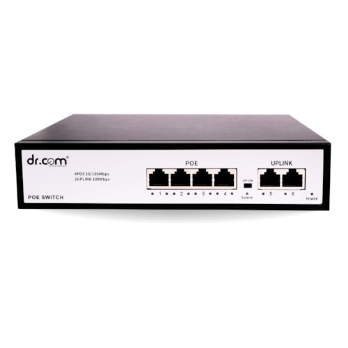 Image of dr.com 6 Port PoE Switch with 4 PoE Ports and 2 Uplink Ports 10 /100 Mbps 65W Power IEEE 802.3af /at Support for CCTV IP Camera Network Switch Plug and Play Metal Body Black